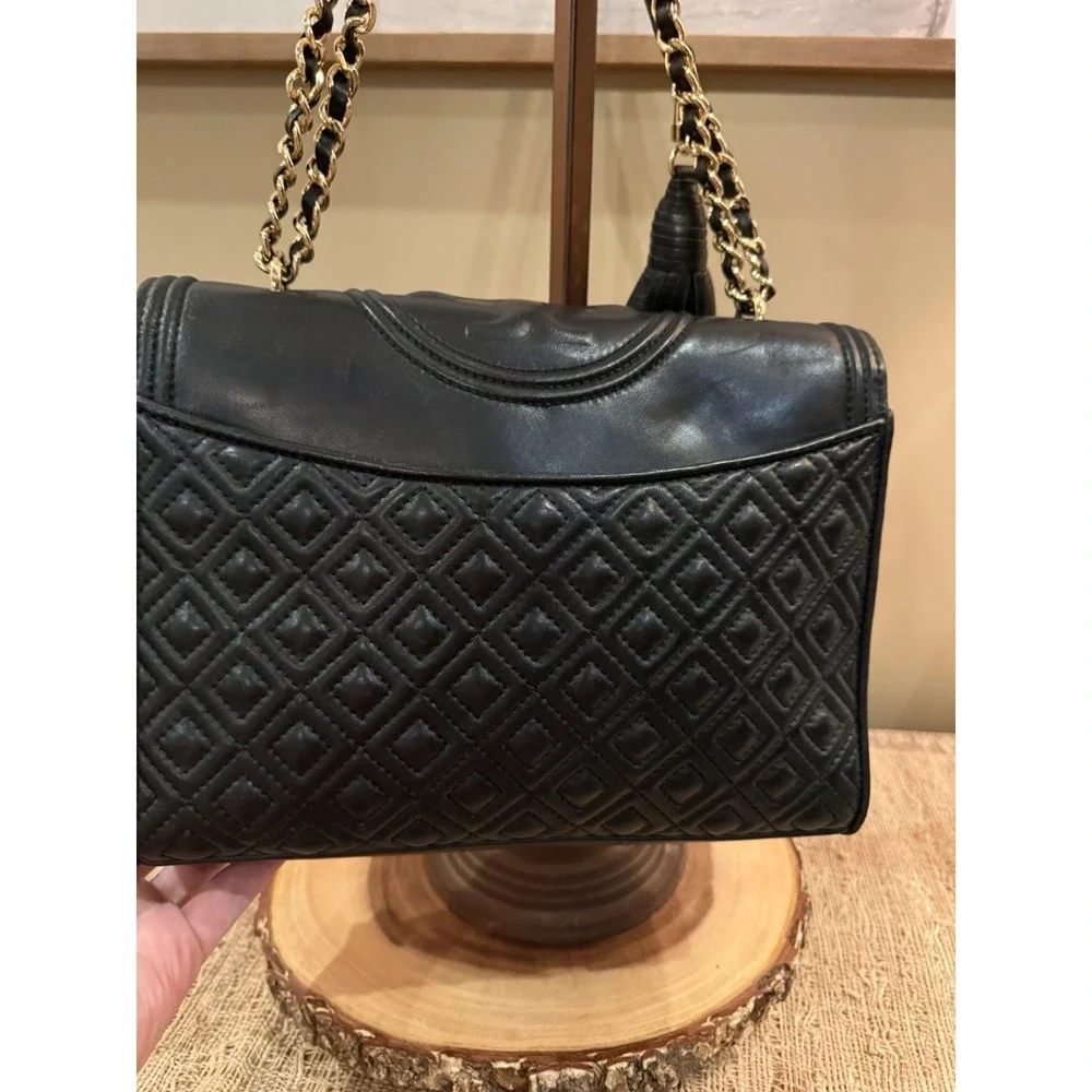 Tory Burch Fleming Black Leather Convertible Shoulder‎ Bag Quilted Tassel Large
